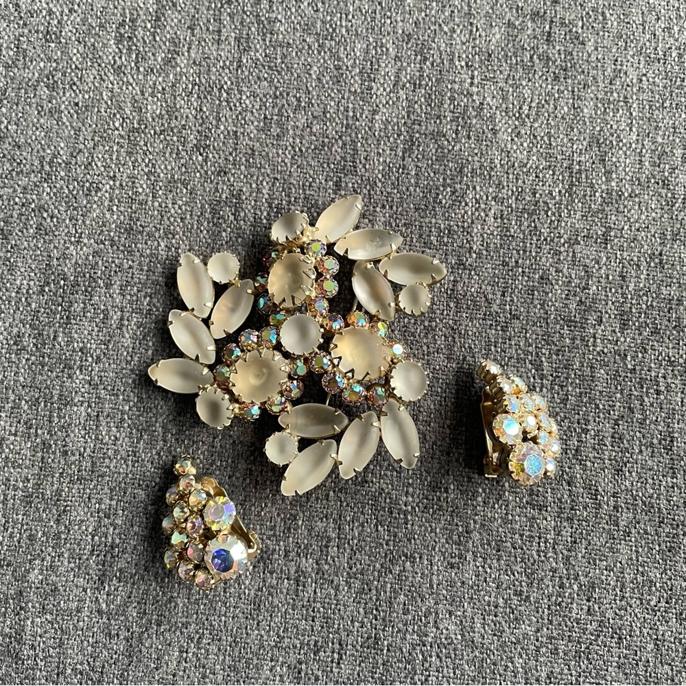 Vintage continental signed moonglow brooch and ab earrings
